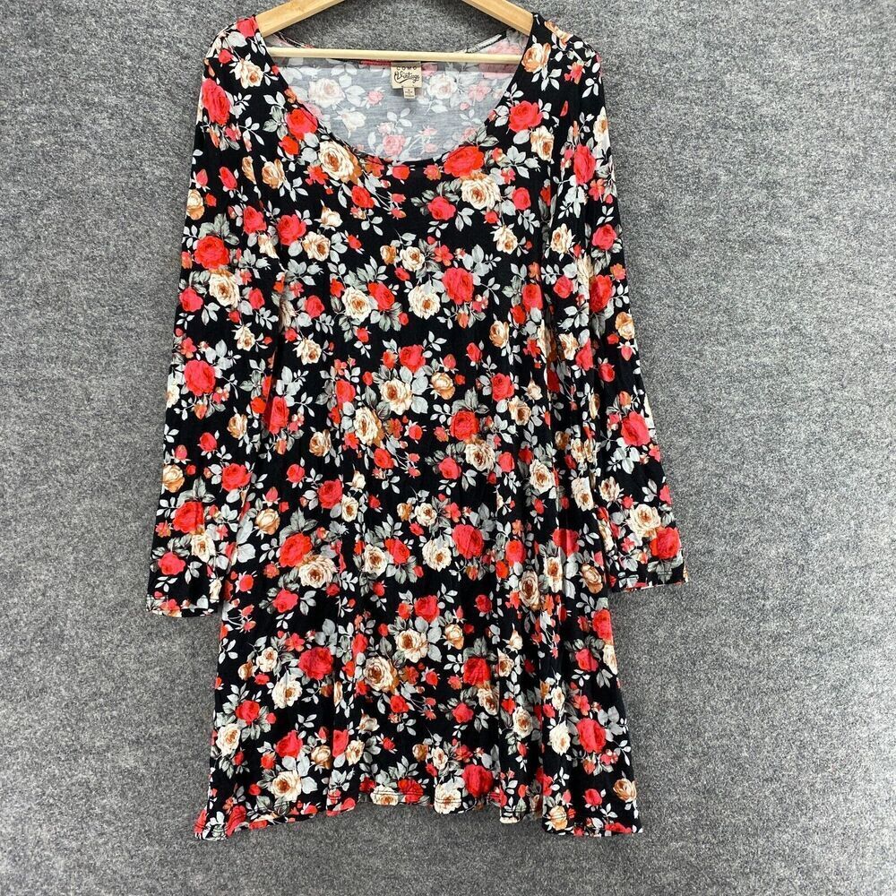 Como Vintage Dress Women S Small Black Floral Shift Short Long Sleeve Rayon